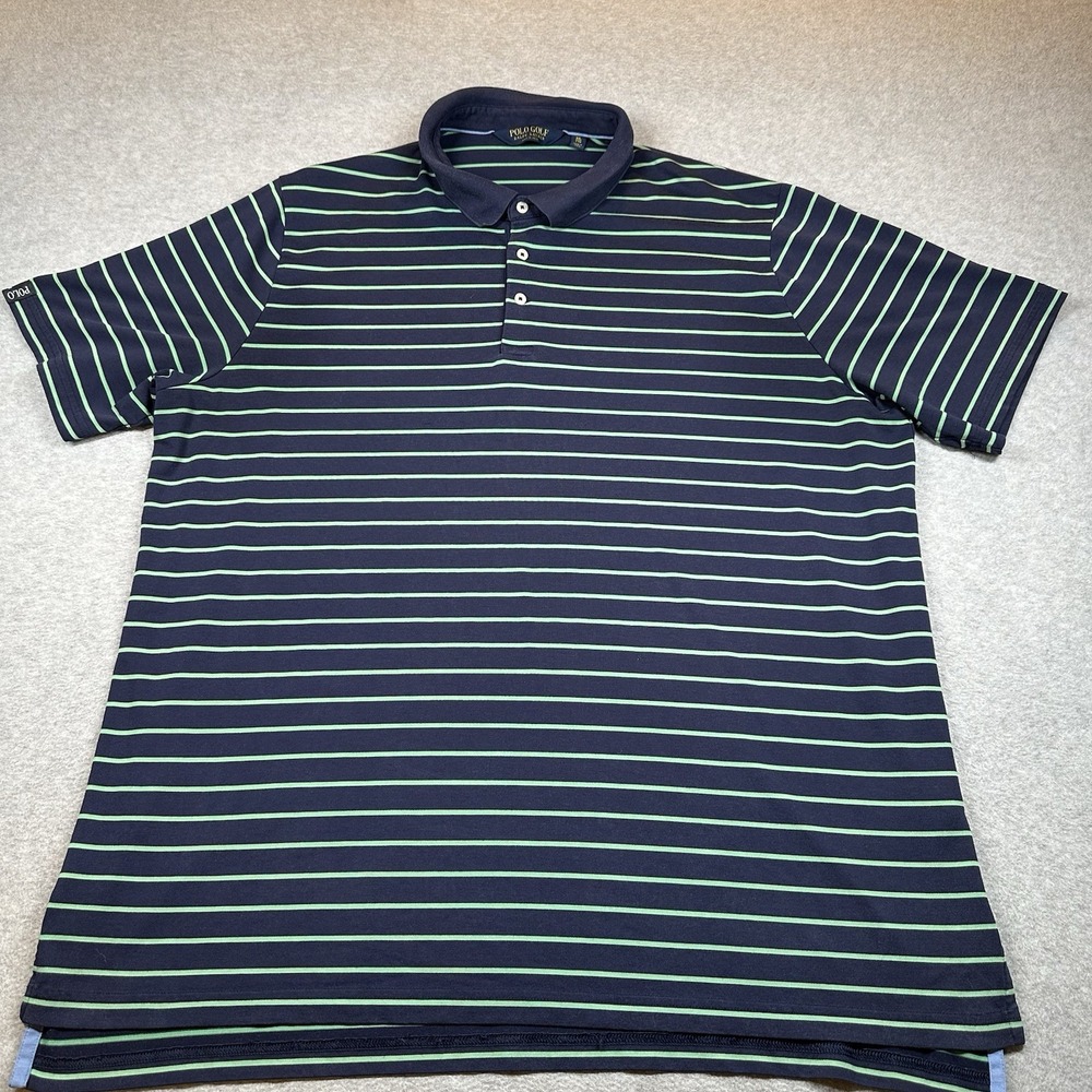 Polo Golf Ralph Lauren Polo Shirt Mens 2XL Navy Green Stripe Stretch Arm‎ Logo